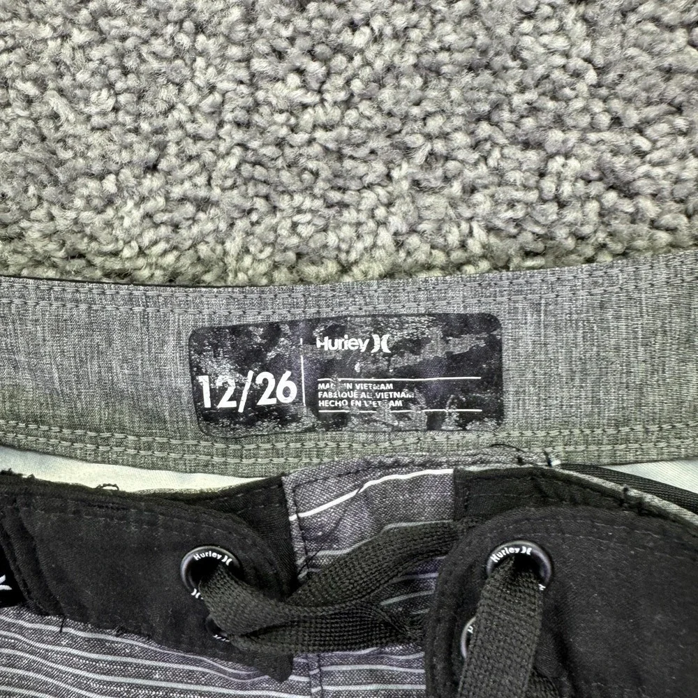 Hurley Board Shorts Boys 12 Gray Striped Swim Trunks Drawstring Surf Beach